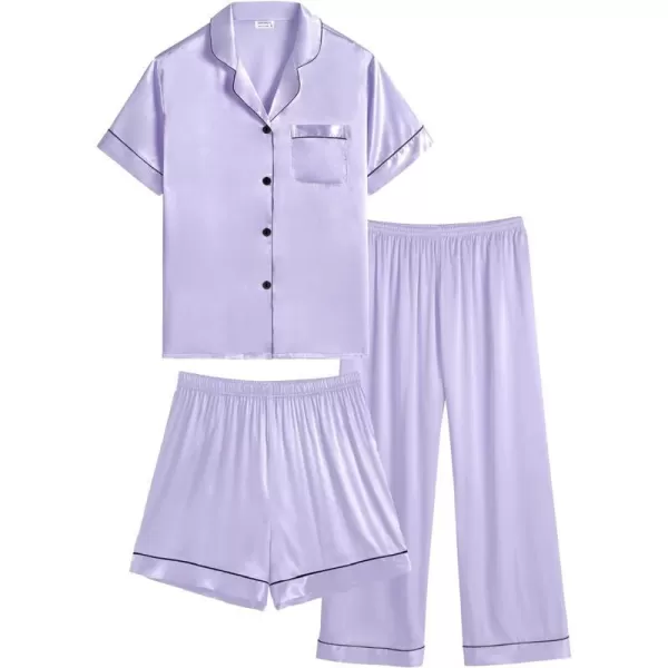 SWOMOG 3 pcs Kids Girls Boys Satin Pajamas Set Silk ButtonDown PJs Sets Soft Lounge Sets Short Sleeve SleepwearLavender