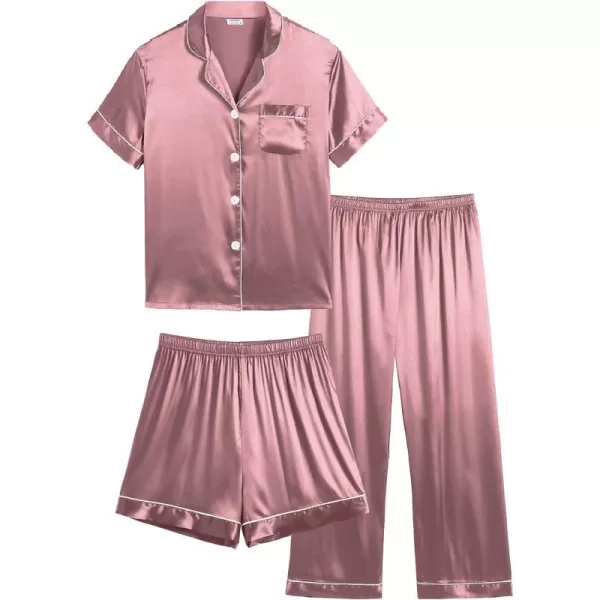 SWOMOG 3 pcs Kids Girls Boys Satin Pajamas Set Silk ButtonDown PJs Sets Soft Lounge Sets Short Sleeve SleepwearMistyrose