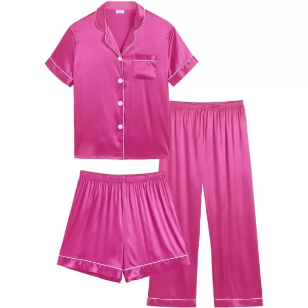 SWOMOG 3 pcs Kids Girls Boys Satin Pajamas Set Silk ButtonDown PJs Sets Soft Lounge Sets Short Sleeve SleepwearRose