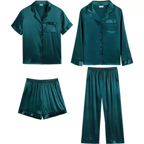 SWOMOG 4 pcs Men Satin Pajamas Set Silk ButtonDown PJs Sets Soft Lounge Sets Classic Silk SleepwearDark Green