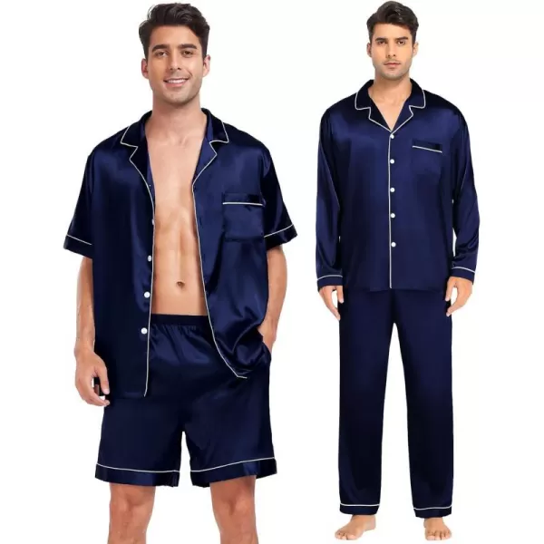 SWOMOG 4 pcs Men Satin Pajamas Set Silk ButtonDown PJs Sets Soft Lounge Sets Classic Silk SleepwearDark Navy Blue