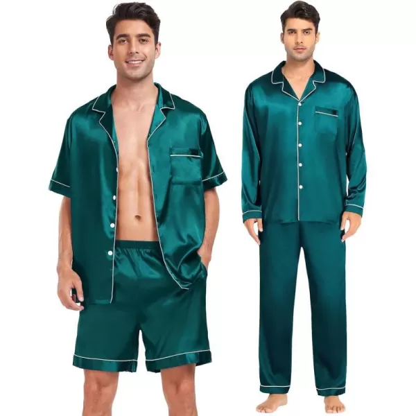 SWOMOG 4 pcs Men Satin Pajamas Set Silk ButtonDown PJs Sets Soft Lounge Sets Classic Silk SleepwearGreen