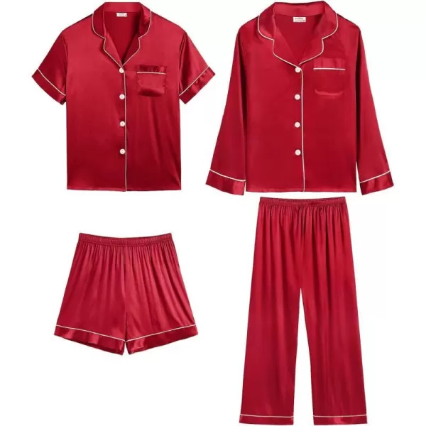 SWOMOG 4 pcs Men Satin Pajamas Set Silk ButtonDown PJs Sets Soft Lounge Sets Classic Silk SleepwearRed 1