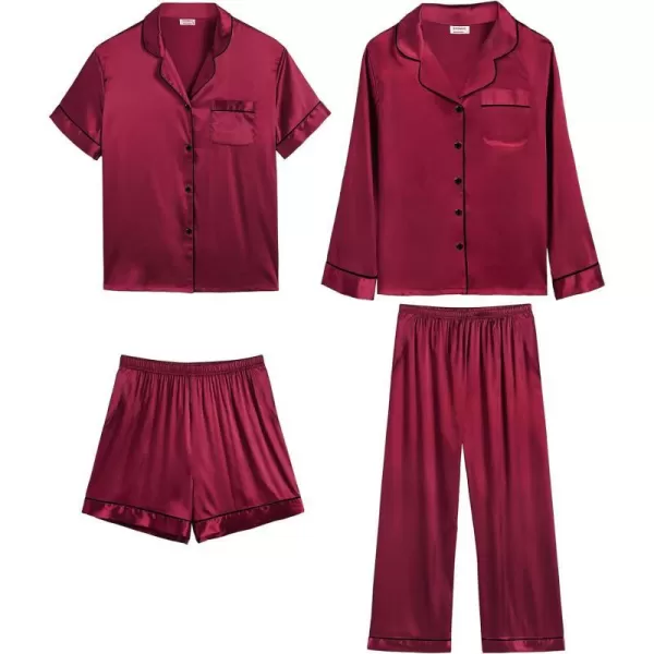 SWOMOG 4 pcs Men Satin Pajamas Set Silk ButtonDown PJs Sets Soft Lounge Sets Classic Silk SleepwearWine Red