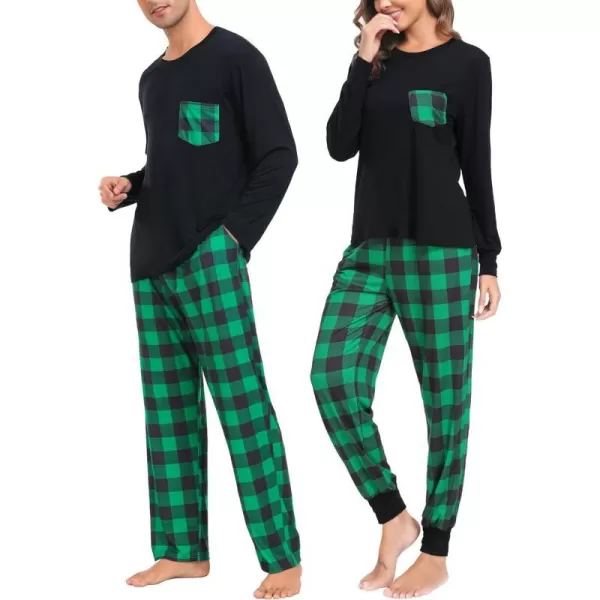 SWOMOG Adult Christmas Pajamas Buffalo Plaid Pajama Pants with Pockets Long Sleeve Tops for Couples amp FamilyMen Black amp Green Plaid