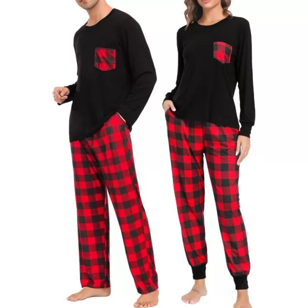 SWOMOG Adult Christmas Pajamas Buffalo Plaid Pajama Pants with Pockets Long Sleeve Tops for Couples amp FamilyMen Black amp Red Plaid