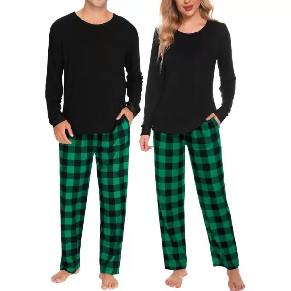 SWOMOG Adult Christmas Pajamas Buffalo Plaid Pajama Pants with Pockets Long Sleeve Tops for Couples amp FamilyMen Green Grid amp No Chest Pocket