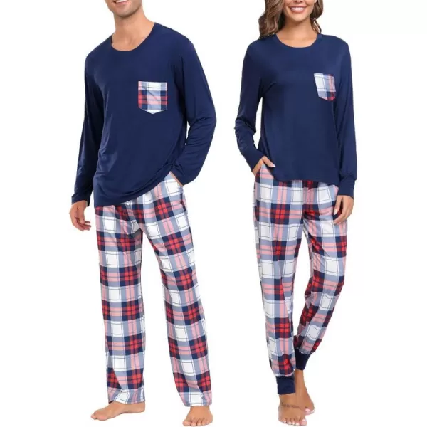 SWOMOG Adult Christmas Pajamas Buffalo Plaid Pajama Pants with Pockets Long Sleeve Tops for Couples amp FamilyMen Navy Blue