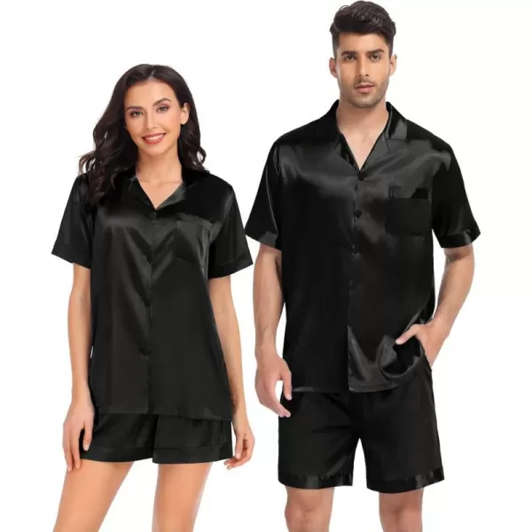 SWOMOG Couple Matching Pajamas Set Satin Short Sleeve Sleepwear Silky Pj Set for WomenMen ButtonDown TwoPieces NightwearBlackmen