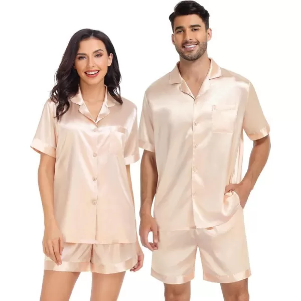 SWOMOG Couple Matching Pajamas Set Satin Short Sleeve Sleepwear Silky Pj Set for WomenMen ButtonDown TwoPieces NightwearChampagnewomen