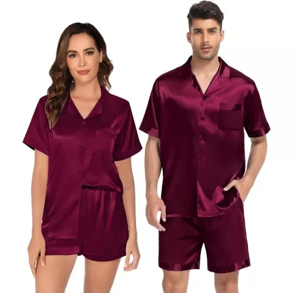 SWOMOG Couple Matching Pajamas Set Satin Short Sleeve Sleepwear Silky Pj Set for WomenMen ButtonDown TwoPieces NightwearDeep Wine Redmen