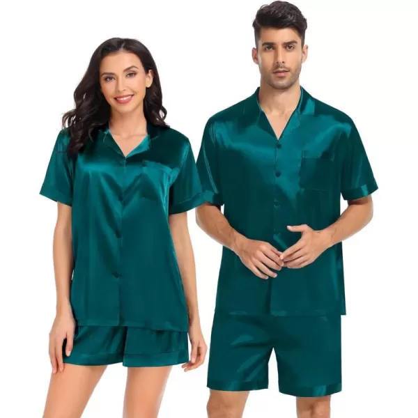 SWOMOG Couple Matching Pajamas Set Satin Short Sleeve Sleepwear Silky Pj Set for WomenMen ButtonDown TwoPieces NightwearGreenmen