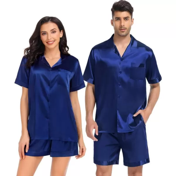 SWOMOG Couple Matching Pajamas Set Satin Short Sleeve Sleepwear Silky Pj Set for WomenMen ButtonDown TwoPieces NightwearNavy Bluemen