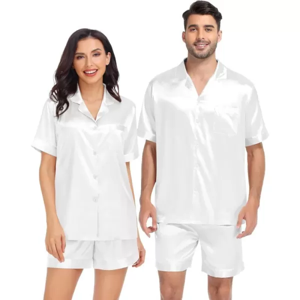 SWOMOG Couple Matching Pajamas Set Satin Short Sleeve Sleepwear Silky Pj Set for WomenMen ButtonDown TwoPieces NightwearWhitewomen