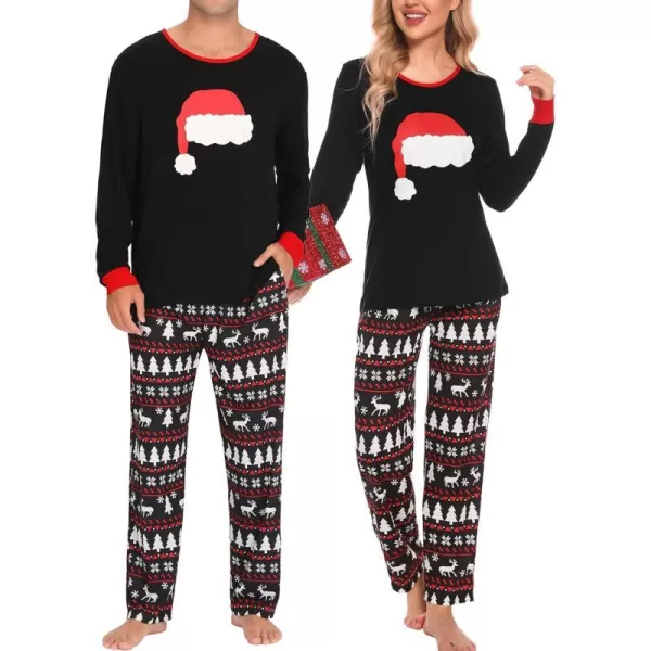 SWOMOG Couple Pajamas Set Christmas Matching Pjs Long Sleeve Set Xmas Printed Pajamas for MenampWomen Plaid Pants with PocketsMen Christmas Hat