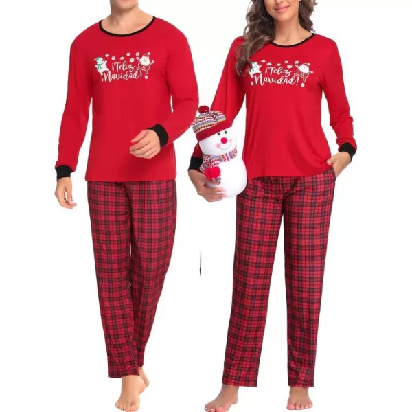 SWOMOG Couple Pajamas Set Christmas Matching Pjs Long Sleeve Set Xmas Printed Pajamas for MenampWomen Plaid Pants with PocketsMen Red Snowmanampplaid