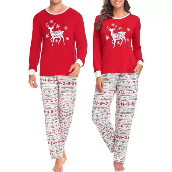 SWOMOG Couple Pajamas Set Christmas Matching Pjs Long Sleeve Set Xmas Printed Pajamas for MenampWomen Plaid Pants with PocketsMen Red Xmas Reindeer