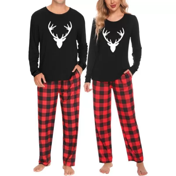 SWOMOG Couple Pajamas Set Christmas Matching Pjs Long Sleeve Set Xmas Printed Pajamas for MenampWomen Plaid Pants with PocketsMen Reindeer ampPlaid