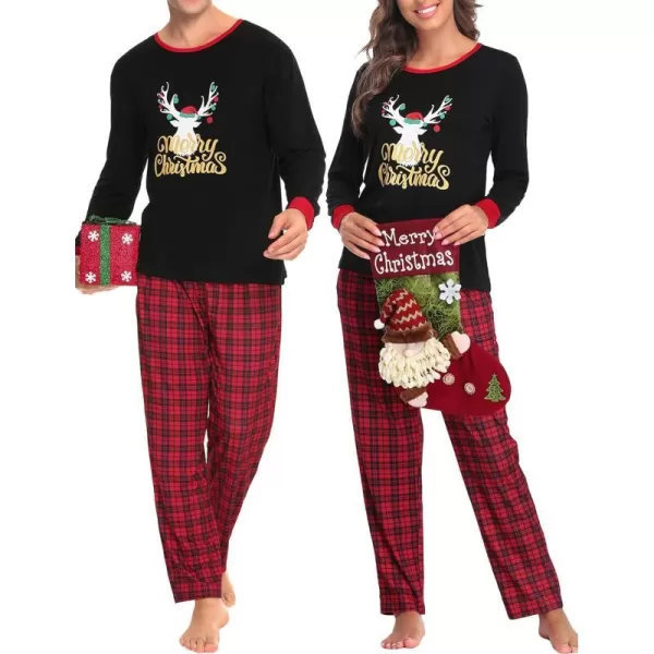 SWOMOG Couple Pajamas Set Christmas Matching Pjs Long Sleeve Set Xmas Printed Pajamas for MenampWomen Plaid Pants with PocketsWomen Black Xmas Reindeerampplaid