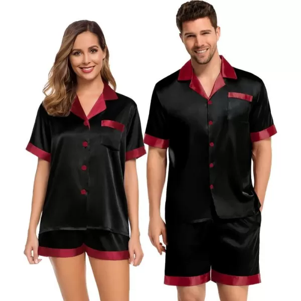 SWOMOG Couples Matching Pajama Set Silk Satin Short Sleeve Pjs Set Top and Shorts Sleepwear Soft ButtonDown LoungewearMen BlackRed