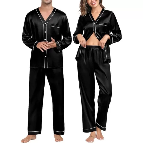 SWOMOG Couples Matching Pajamas Set Satin Long Sleeve Sleepwear Silk Button Down Nightwear Soft 2 Pieces LoungewearMen Black