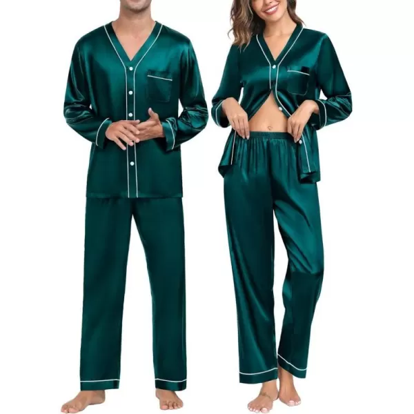 SWOMOG Couples Matching Pajamas Set Satin Long Sleeve Sleepwear Silk Button Down Nightwear Soft 2 Pieces LoungewearMen Dark Green