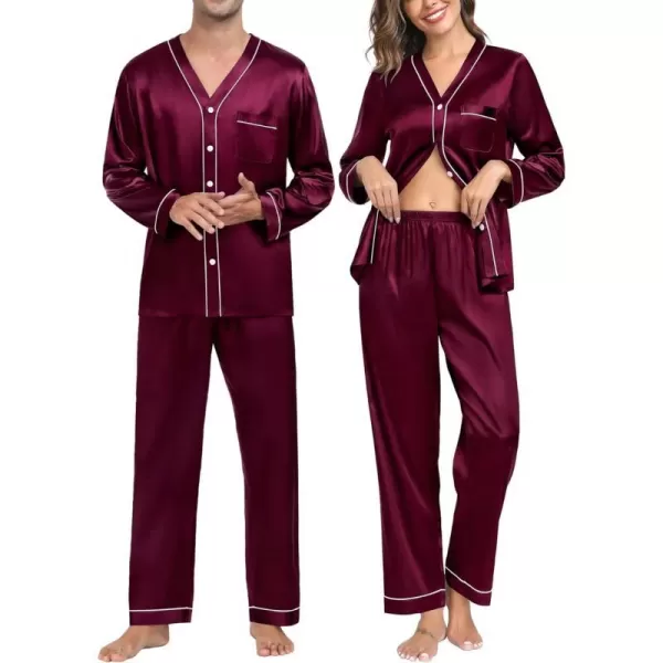 SWOMOG Couples Matching Pajamas Set Satin Long Sleeve Sleepwear Silk Button Down Nightwear Soft 2 Pieces LoungewearMen Dark Wine Red