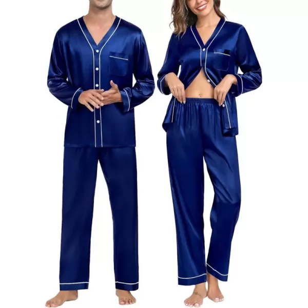 SWOMOG Couples Matching Pajamas Set Satin Long Sleeve Sleepwear Silk Button Down Nightwear Soft 2 Pieces LoungewearMen Navy Blue