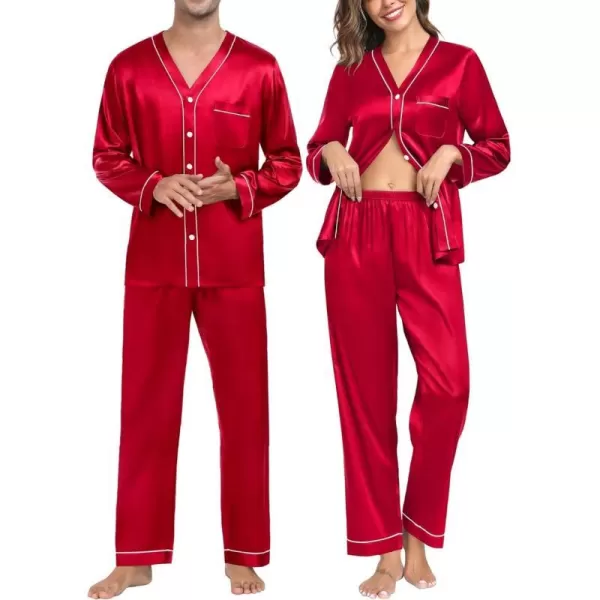 SWOMOG Couples Matching Pajamas Set Satin Long Sleeve Sleepwear Silk Button Down Nightwear Soft 2 Pieces LoungewearMen Red