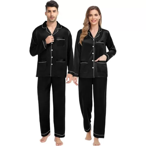 SWOMOG Couples Matching Pajamas Set Satin Long Sleeve Sleepwear Soft Button Down Pj Set Silk LoungewearMen Black