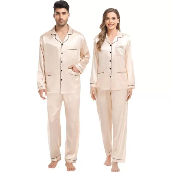 SWOMOG Couples Matching Pajamas Set Satin Long Sleeve Sleepwear Soft Button Down Pj Set Silk LoungewearMen Champagne