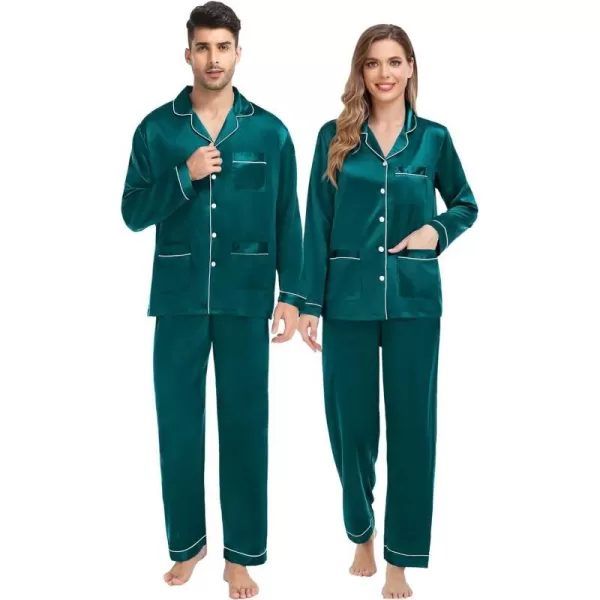 SWOMOG Couples Matching Pajamas Set Satin Long Sleeve Sleepwear Soft Button Down Pj Set Silk LoungewearMen Green