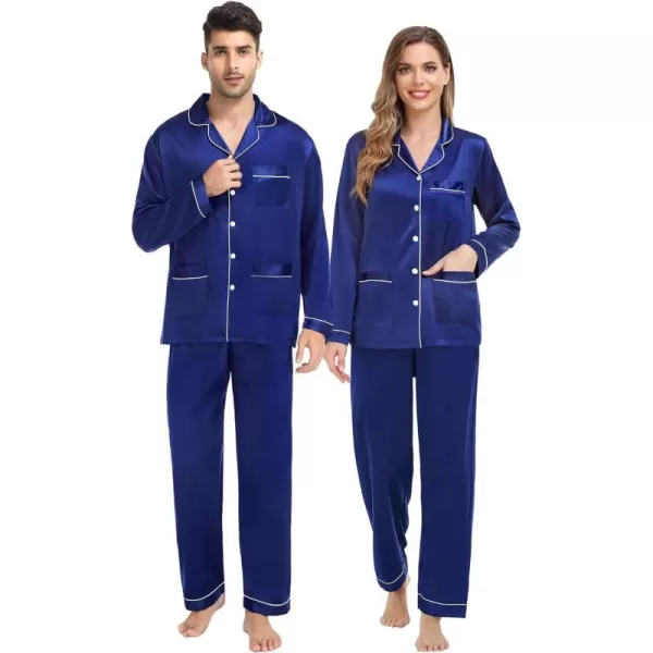 SWOMOG Couples Matching Pajamas Set Satin Long Sleeve Sleepwear Soft Button Down Pj Set Silk LoungewearMen Navy Blue