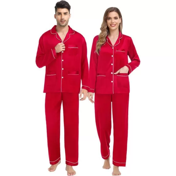 SWOMOG Couples Matching Pajamas Set Satin Long Sleeve Sleepwear Soft Button Down Pj Set Silk LoungewearMen Red