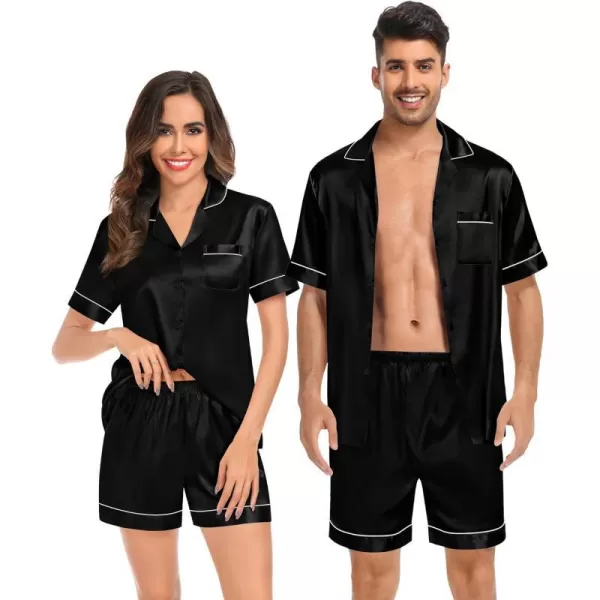 SWOMOG Couples Matching Pajamas Set Satin Short Sleeve Button Down Tops Silk Shorts Pj Lounge Set Soft SleepwearBlack