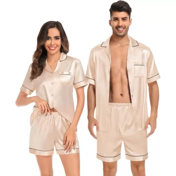 SWOMOG Couples Matching Pajamas Set Satin Short Sleeve Button Down Tops Silk Shorts Pj Lounge Set Soft SleepwearChampagne