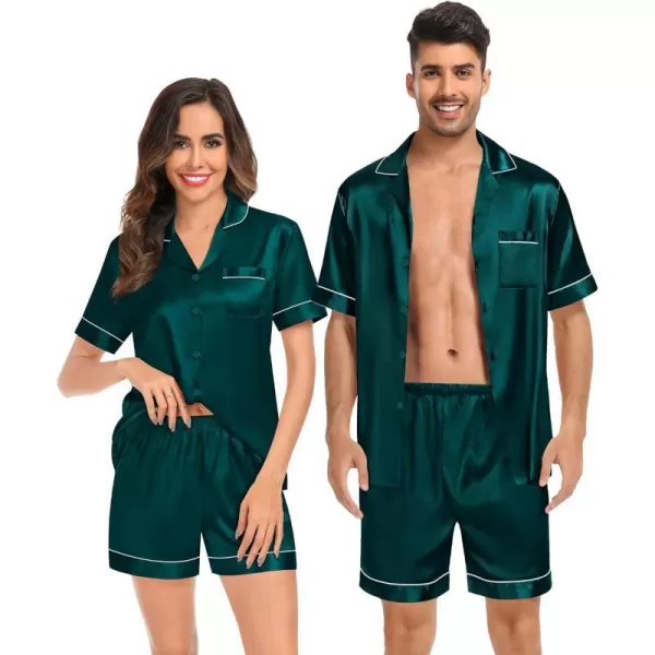 SWOMOG Couples Matching Pajamas Set Satin Short Sleeve Button Down Tops Silk Shorts Pj Lounge Set Soft SleepwearDark Green