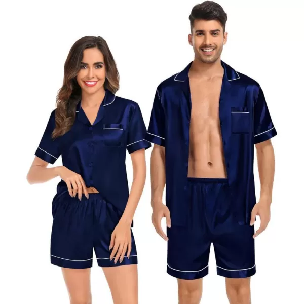 SWOMOG Couples Matching Pajamas Set Satin Short Sleeve Button Down Tops Silk Shorts Pj Lounge Set Soft SleepwearDark Navy Blue