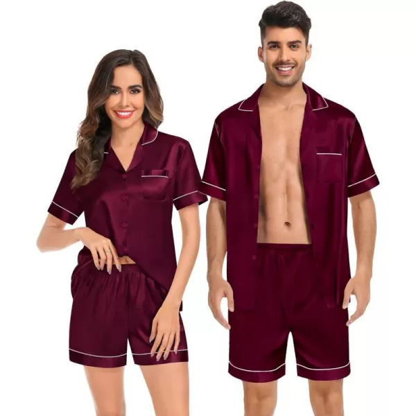 SWOMOG Couples Matching Pajamas Set Satin Short Sleeve Button Down Tops Silk Shorts Pj Lounge Set Soft SleepwearDark Wine Red