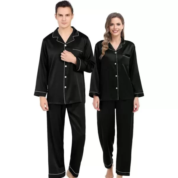 SWOMOG Couples Matching Pajamas Set Silk Satin Long Sleeve Sleepwear Soft Button Down Loungewear Pj SetMen Black