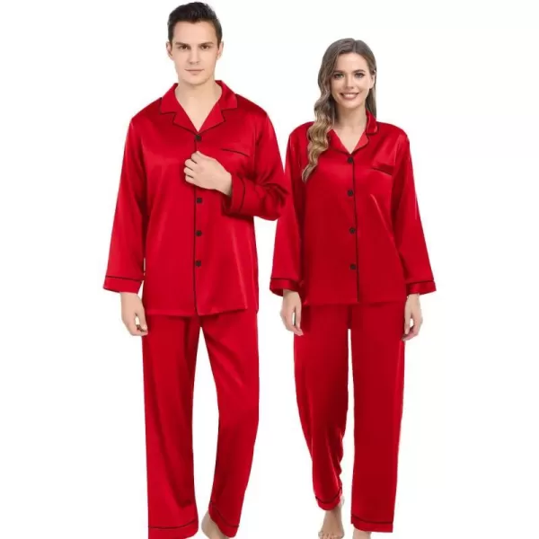 SWOMOG Couples Matching Pajamas Set Silk Satin Long Sleeve Sleepwear Soft Button Down Loungewear Pj SetMen Candy Red