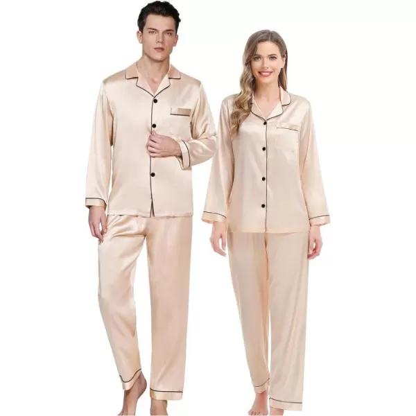 SWOMOG Couples Matching Pajamas Set Silk Satin Long Sleeve Sleepwear Soft Button Down Loungewear Pj SetMen Champagne