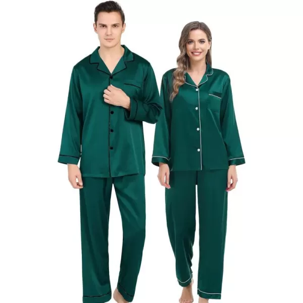 SWOMOG Couples Matching Pajamas Set Silk Satin Long Sleeve Sleepwear Soft Button Down Loungewear Pj SetMen Deep Green