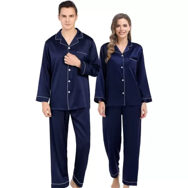 SWOMOG Couples Matching Pajamas Set Silk Satin Long Sleeve Sleepwear Soft Button Down Loungewear Pj SetMen Deep Navy Blue