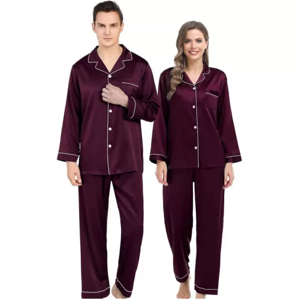 SWOMOG Couples Matching Pajamas Set Silk Satin Long Sleeve Sleepwear Soft Button Down Loungewear Pj SetMen Deep Wine Red