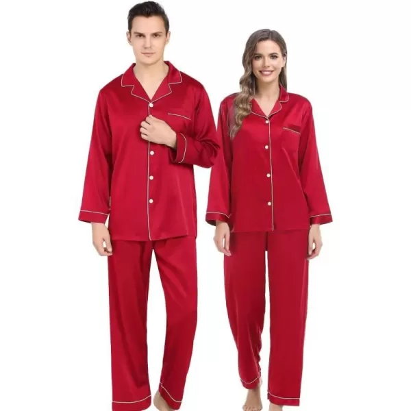 SWOMOG Couples Matching Pajamas Set Silk Satin Long Sleeve Sleepwear Soft Button Down Loungewear Pj SetMen Red