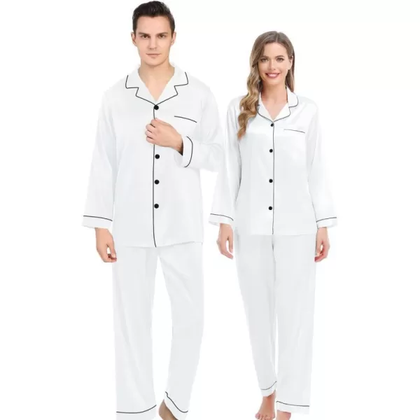 SWOMOG Couples Matching Pajamas Set Silk Satin Long Sleeve Sleepwear Soft Button Down Loungewear Pj SetWomen White