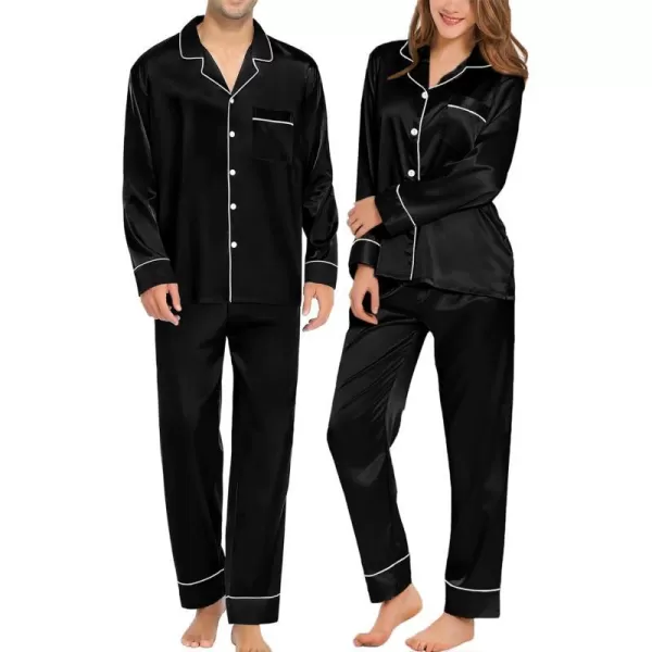 SWOMOG Couples Matching Pajamas Sets Silk Satin Long Sleeve Button Down Sleepwear 2 Pieces Classic LoungewearMen Black