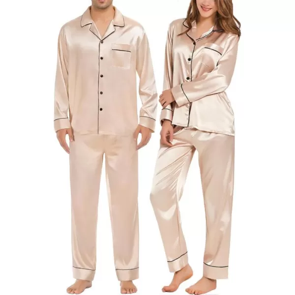 SWOMOG Couples Matching Pajamas Sets Silk Satin Long Sleeve Button Down Sleepwear 2 Pieces Classic LoungewearMen Champagne