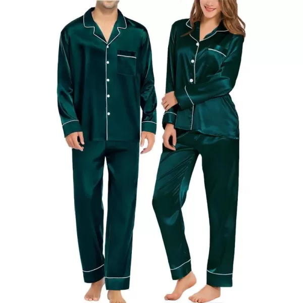 SWOMOG Couples Matching Pajamas Sets Silk Satin Long Sleeve Button Down Sleepwear 2 Pieces Classic LoungewearMen Deep Green